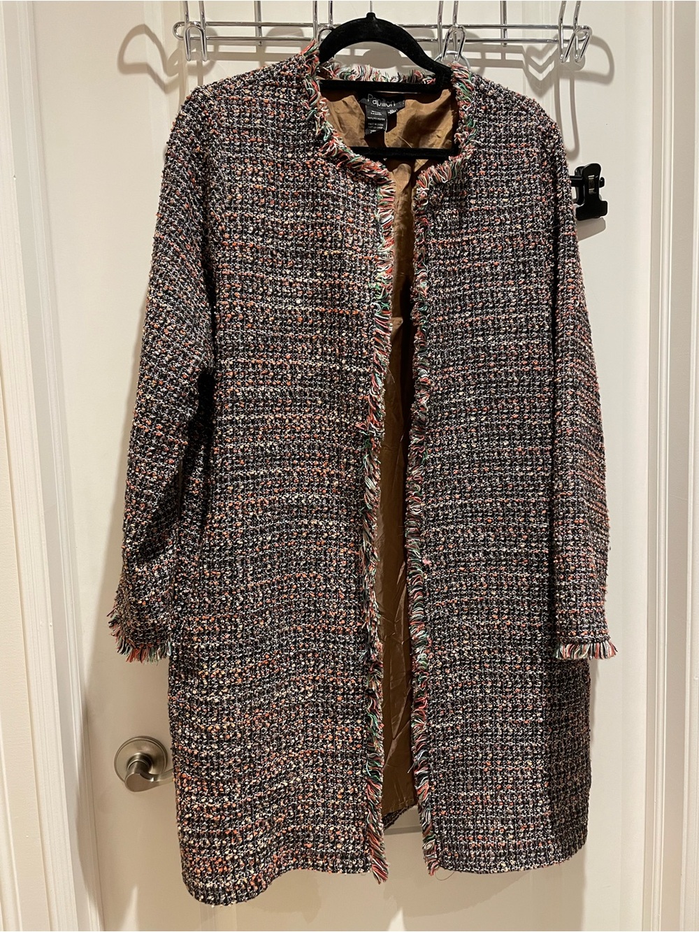 Multicolor Tweed Fringe-Trim Open Coat
